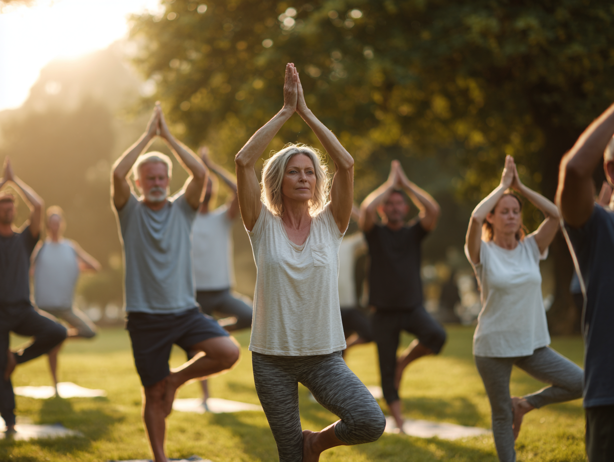 Група людей різного віку практикує йогу на природі